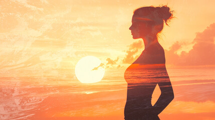 Poster - A woman stands in profile, silhouetted against a colorful sunset that merges with the sea, evoking peace and contemplation
