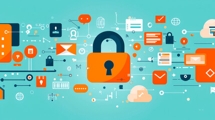 Poster - A colorful design showcases a padlock surrounded by various technology icons, symbolizing online security and data safety
