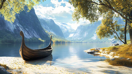 Wall Mural - Viking ship in a picturesque place. ai generated. Fjord. Illustration