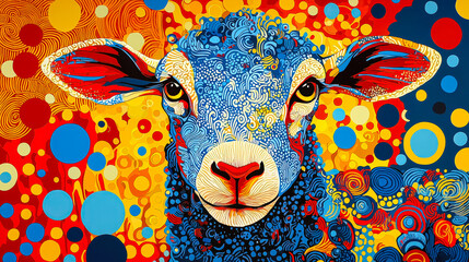 Fototapete - A vividly designed sheep showcases intricate patterns and colors, standing out against a bright orange and blue backdrop