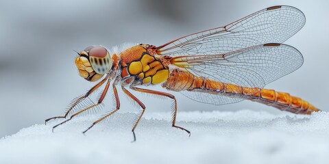 Wall Mural - A dragonfly perched on top of snowy terrain, providing a small burst of color against the winter landscape