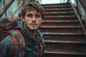 Aufkleber - A person holding a backpack stands in front of a staircase, ready to start their journey