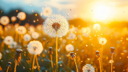 Aufkleber - Golden hour illuminates a field of blooming dandelions, their white fluffy seeds carried away by the gentle evening breeze against a warm sunset backdrop