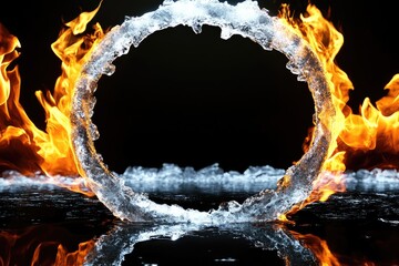 Poster - A fiery circle surrounded by icy crystals on a dark surface