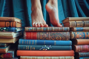 Poster - A person stands on top of a pile of books, surrounded by learning and knowledge