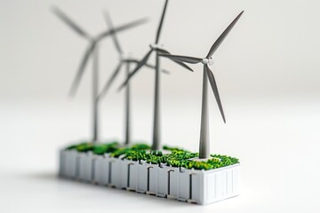 Poster - A group of wind turbines standing on a green grassy area, possibly a solar farm or renewable energy site