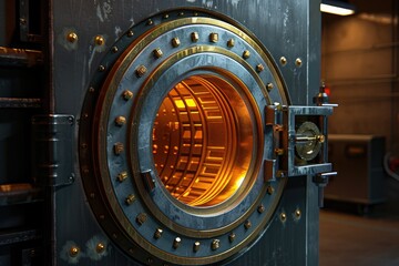 Poster - A close-up of a large metal door with a round window, often used for decorative or security purposes