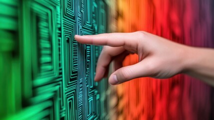 Wall Mural - A hand interacts with a vibrant digital interface, exploring colorful patterns, AI