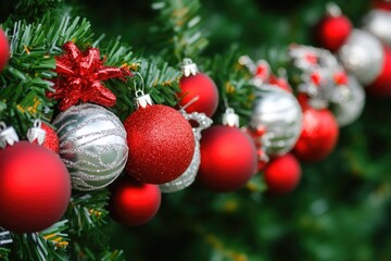 Poster - A bundle of red and silver decorations on a Christmas tree