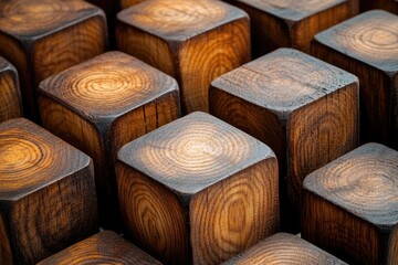 Poster - A close-up view of various wooden blocks stacked and arranged in different shapes, possibly used for building or educational purposes