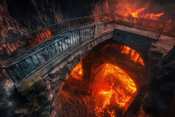 Aufkleber - A bridge with flames burning brightly behind it
