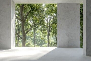 Poster - A empty room with a view of a dense forest, perfect for use in interior design or real estate images
