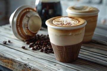Poster - A simple still life image of two cups of coffee placed on a wooden table