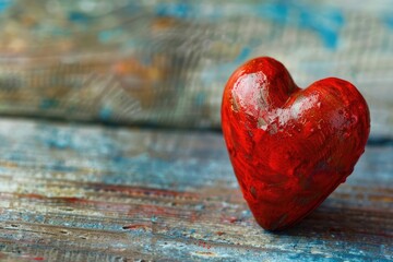 Poster - A red heart placed on a wooden table