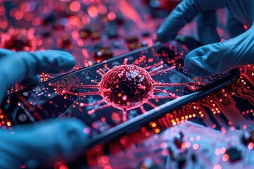 Aufkleber - A scientist examines a cell phone in a laboratory setting, possibly for quality control or testing purposes