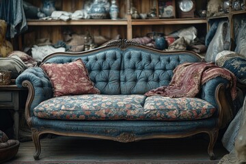 Poster - A blue couch placed in front of a wooden shelf, suitable for living room or home decor