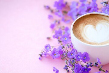 Poster - A warm cup of coffee sits on a colorful pink surface surrounded by purple flowers