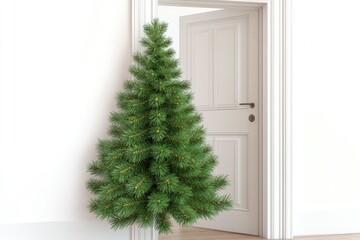 Sticker - A small Christmas tree placed in front of a door, perfect for holiday decor