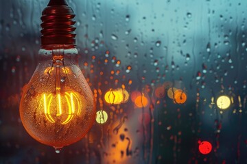Poster - A light bulb sits atop a window covered in rain, providing a warm glow amidst the wet weather