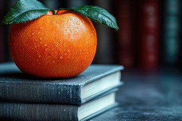 Poster - A bright orange sits atop a pile of books