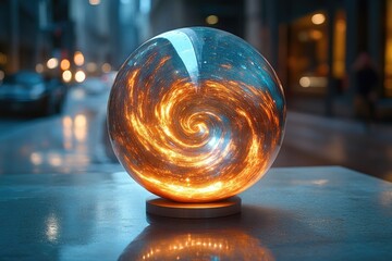 Poster - A clear glass ball sits atop a table, reflecting light and adding elegance to the space