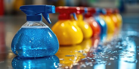 Poster - A blue spray bottle sits on top of a counter, ready for use