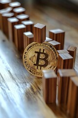 Poster - A single bitcoin coin sitting on top of stacked wooden blocks