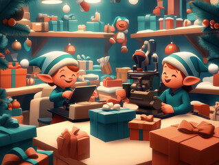 Wall Mural - the cartoon illustration of elves are working building the toys at Santa's home at north pole get the gifts ready for all kids on christmas