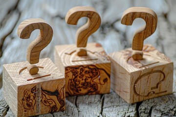 Aufkleber - A set of three wooden blocks featuring question mark symbols, great for educational or creative purposes