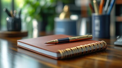 Aufkleber - A notebook with a pen lying on its surface, suitable for education, writing or artistic purposes