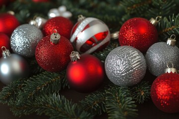 Poster - A collection of red and silver Christmas ornaments