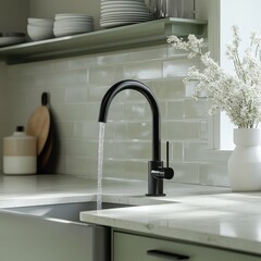 Stylish black kitchen faucet with water flow in modern, minimalist kitchen setting