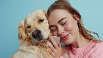 Poster - A woman holds her cell phone next to a happy dog, perfect for mobile lifestyle or digital communication concepts