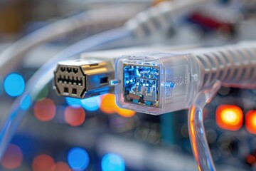 Poster - A close-up shot of a cable plugged into a computer, ideal for tech-related projects