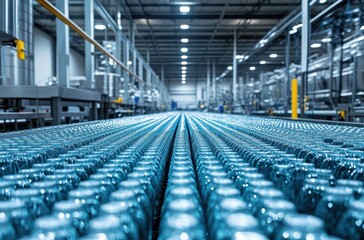 Poster - Vast production line view of glass bottles in a factory setting, emphasizing the symmetry and efficiency of modern industrial manufacturing processes.