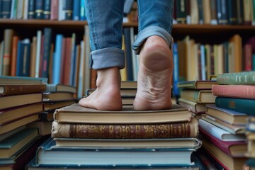 Poster - a person standing at the top of a stack of books, great for academic or educational settings