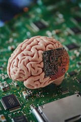 Poster - A 3D model of a brain sits on top of a motherboard, representing the fusion of technology and human thought