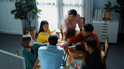 Poster - top view of business team brainstorming idea by using mind map while putting hand together. people d