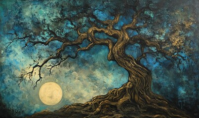 Poster - Ancient tree, full moon, textured blue night sky.