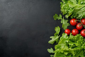 Wall Mural - Fresh greens and ripe tomatoes arranged on a textured dark surface