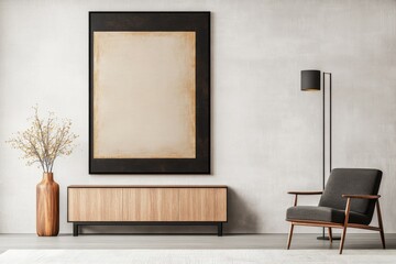 Modern living space with minimalist decor featuring a brown wall art and stylish furniture