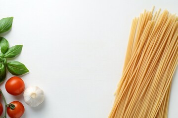 Fresh ingredients for a classic pasta dish with tomatoes and basil on a clean background