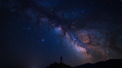 Wall Mural - breathtaking night sky with countless stars and a prominent galaxy, silhouetted person standing on a