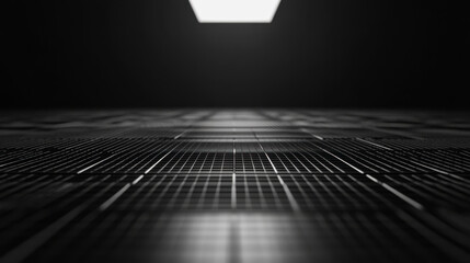 Poster - dark perspective of a textured surface leading to a bright light source above in a minimalist settin