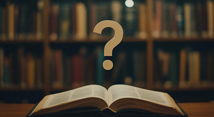 Poster - Open book with a question mark overlay in a library filled with shelves of books suggesting curiosity and knowledge-seeking