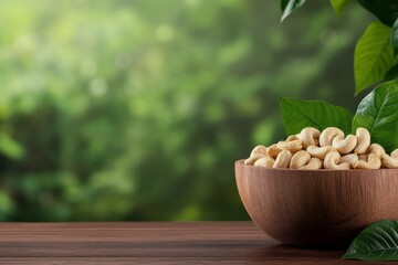 Wall Mural - Cashews in a wooden bowl on a table surrounded by greenery during daylight