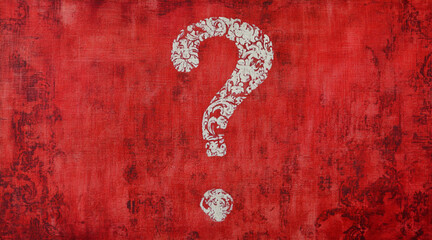 Poster - Decorative red background featuring a large white question mark in an elaborate design