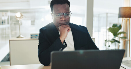 Poster - Laptop, thinking and businessman in office with reading, planning and ideas for online solution. Journalism, computer and African male editor with question, choice or decision for multimedia project.