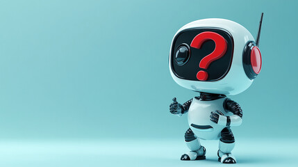 Poster - Friendly robot with a question mark head standing confidently against a teal background