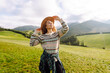 © maxbelchenko - Outdoor portrait of happy tourist admiring the landscape mountains nature. Travel, nature concept.